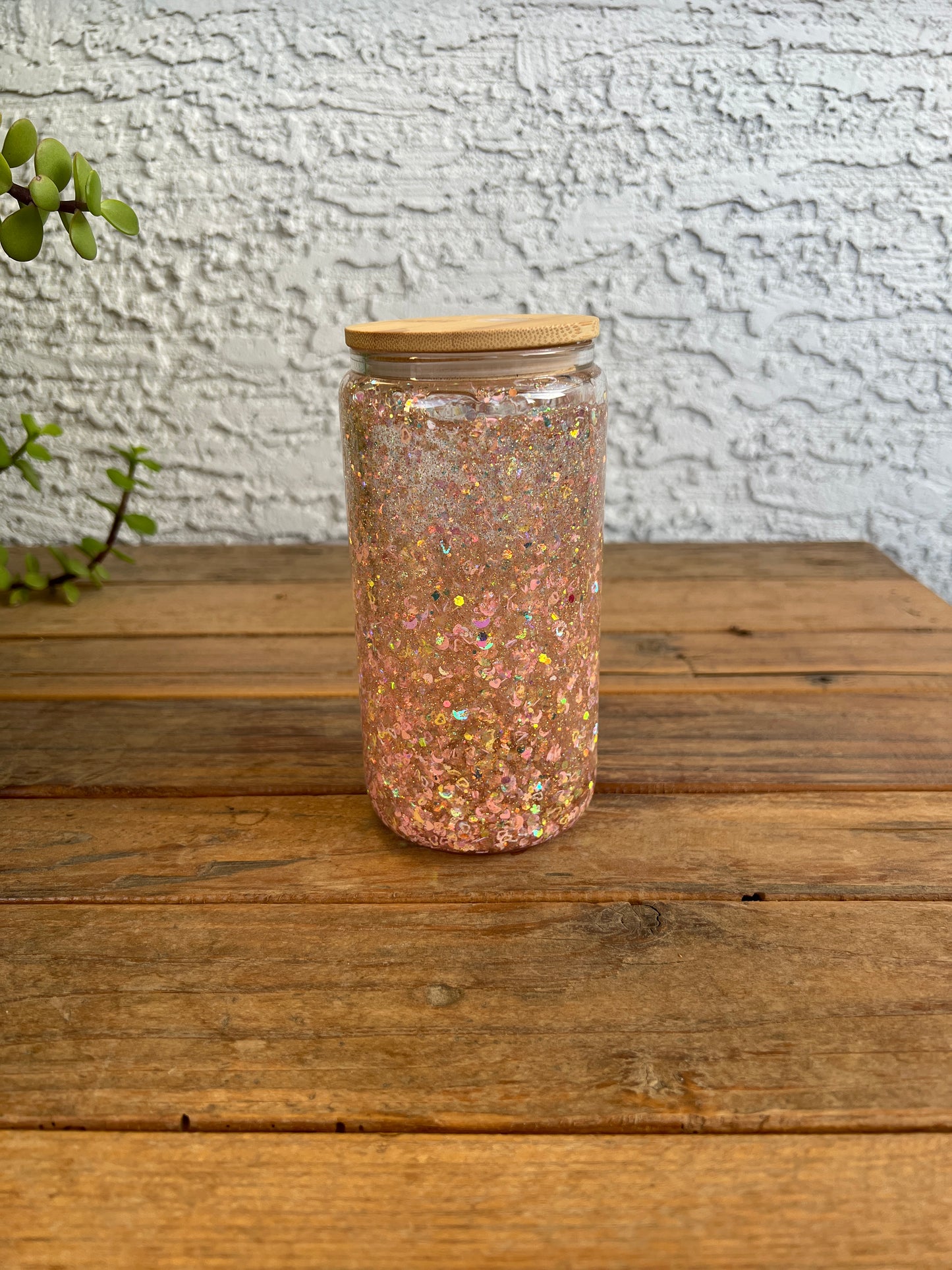 16OZ Pink & Gold Glass Snowglobe Cup